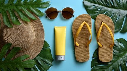 vibrant layflat summer aesthetics on Adobe Stock, showcasing beach-ready essentials like flip-flops, sunscreen, sunglasses, and palm leaves. Ideal for travel blogs, summer promotions, skincare ads