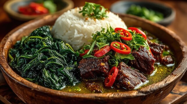 Madagascar dish Romazava Beef stew with leafy greens tomatoes and ginger served over rice the national dish with a dark green appearance