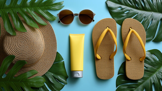 vibrant layflat summer aesthetics on Adobe Stock, showcasing beach-ready essentials like flip-flops, sunscreen, sunglasses, and palm leaves. Ideal for travel blogs, summer promotions, skincare ads