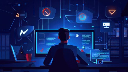 A person working at a computer with multiple screens and digital interface elements around them