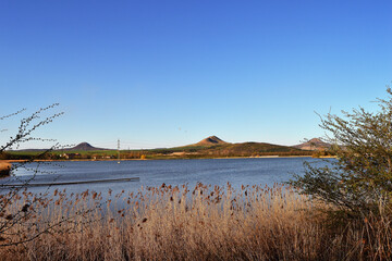 Czech Pond with Reeds and Distant Hills under Clear Blue Sky