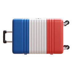 Travel to France. French flag suitcase isolated on white, transparent.  