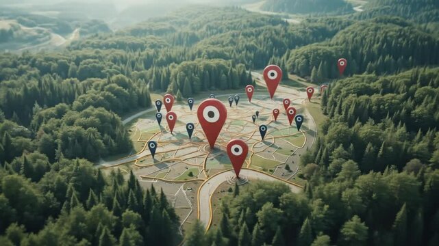 Map with location pins on the road and forest network, representing geolocation and connectivity. 4k video