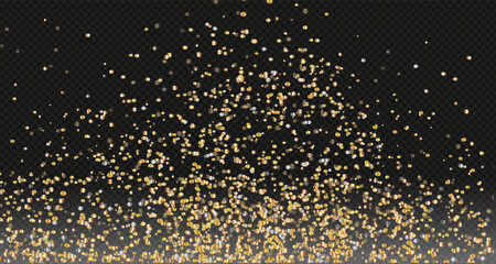 Gold falling glitter, shiny gold confetti with glowing sparks, shimmering sprinkles effect, festive particles isolated on dark background. Vector illustration. For banners, advertising.PNG