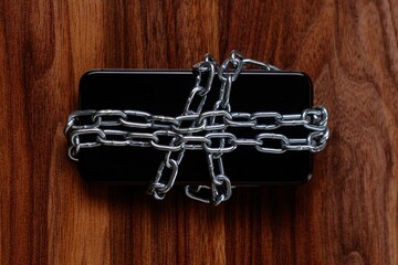 Smartphone Secured with Metal Chain on Wooden Surface