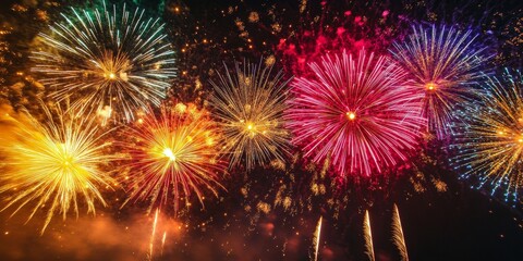 Fototapeta premium A vibrant night sky filled with a multitude of colorful fireworks exploding in various patterns.