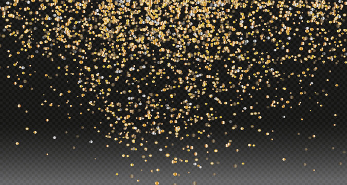 Gold falling glitter, shiny gold confetti with glowing sparks, shimmering sprinkles effect, festive particles isolated on dark background. Vector illustration. For banners, advertising.PNG
