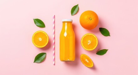 Fresh orange juice bottle surrounded by oranges and green leaves on a pink background