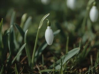 Closeup of white snowdrop flower or galanthus nivalis blossoming in nature during spring. 