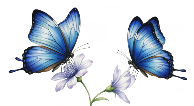 Two vibrant blue butterflies delicately perch on white flowers, creating a serene scene perfect for nature-themed designs and springtime projects with its transparent background. - Powered by Adobe