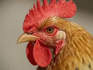 Close-up of a rooster's head with sharp details and natural lighting.
