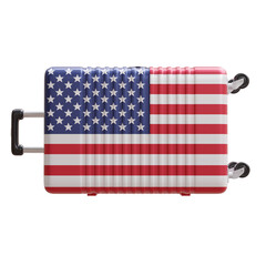 Travel to United States of America. USA flag suitcase isolated on white, transparent.  