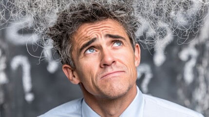 Man with gray hair in deep thought, chaotic white lines above head, formal blue shirt and tie, blurred question marks in background.