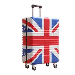 Travel to United Kingdom, UK. English flag suitcase isolated on white, transparent.  