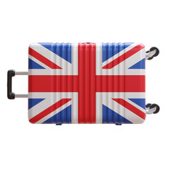 Travel to United Kingdom, UK. English flag suitcase isolated on white, transparent.  