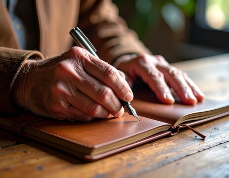 detailed close-up shot of mature male hands writing in a brown leather-bound notebook with a silver fountain pen, warm tungsten lighting creating soft shadows, focus on hands and pen, blurred vintage  - Powered by Adobe