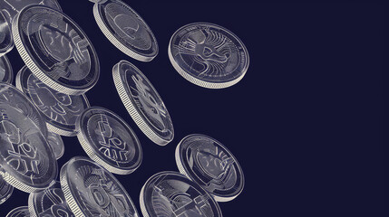 White Outlined Coins on Dark Background, Generative AI Illustration