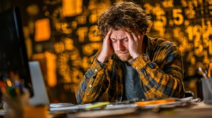 Obraz premium Stressed man with curly brown hair seated at desk holding head in hands, wearing yellow and black plaid shirt over grey striped t-shirt, surrounded by laptop