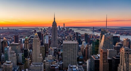 Obraz premium Aerial panorama of New York City skyline at sunset with both midtown and downtown Manhattan.