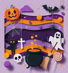 Halloween themed paper cutouts party poster. generative ai