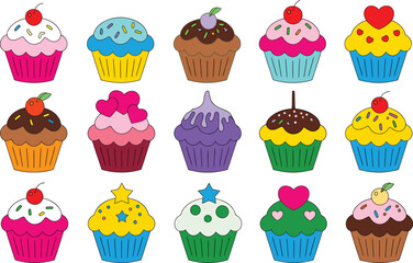Delightful Assortment of Colorful Cupcakes with Various Toppings on a Transparent Background Vector Illustration