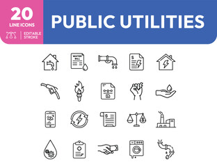 A set of twenty public utilities line icons for water gas and electricity services.