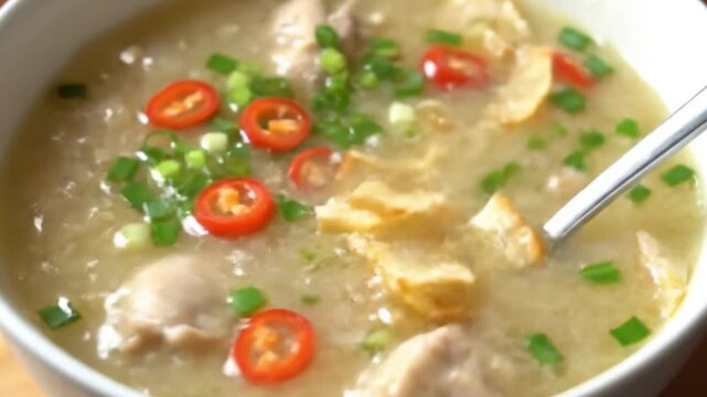 A bowl of chicken congee garnished with chopped green onions and sliced red chili peppers