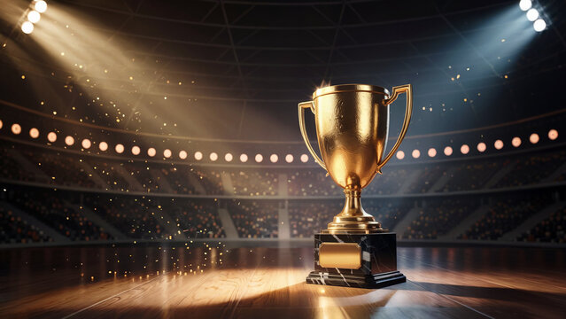 Golden championship trophy gleaming under dramatic arena spotlights with sparkling confetti celebrating victory