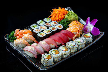 Assorted sushi platter featuring colorful rolls, sashimi and garnishes elegantly arranged on a black plate, showcasing culinary artistry and vibrant presentation for food lovers