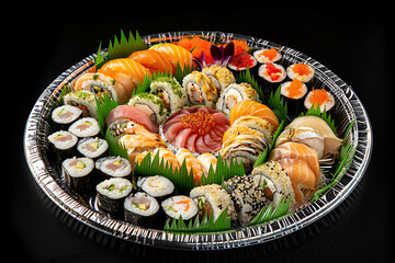 Assorted sushi platter featuring vibrant rolls, fresh sashimi arranged on a silver tray, showcasing culinary artistry and Japanese cuisine