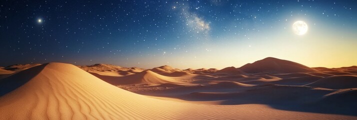 Stunning night view at the Sahara Desert with starry sky and a cosmic nebula above.