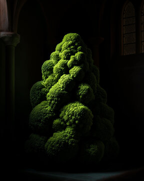 Naklejki A vertical broccoli sculpture emerging from the shadows – surreal food art with organic form and dramatic lighting.