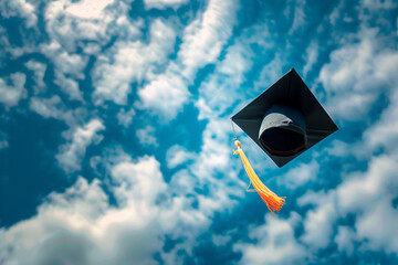 Graduation cap soaring through a bright blue sky, surrounded by fluffy white clouds, symbolizing achievement and success in education and personal growth
