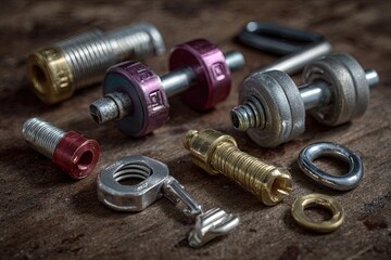 Metal parts and weights on wooden surface