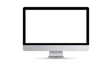 Modern all in one computer desktop with blank white screen on white background