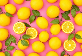 Vibrant yellow lemons on a pink background, forming a tropical seamless pattern,   seamless repeat,  bold