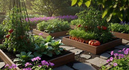Colorful and Lush Garden Featuring Raised Wooden Beds Filled with Vegetables, Herbs, and Flowers under Sunlight