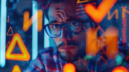 Man with glasses looking at glowing shapes and lines on a screen with a concerned expression on his face