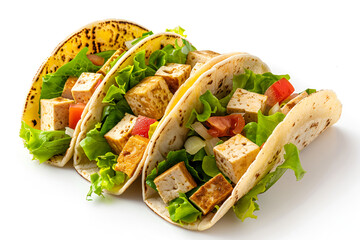 Colorful tacos filled with grilled tofu, fresh lettuce, and diced tomatoes, arranged neatly on a white background, showcasing a vibrant and healthy meal option