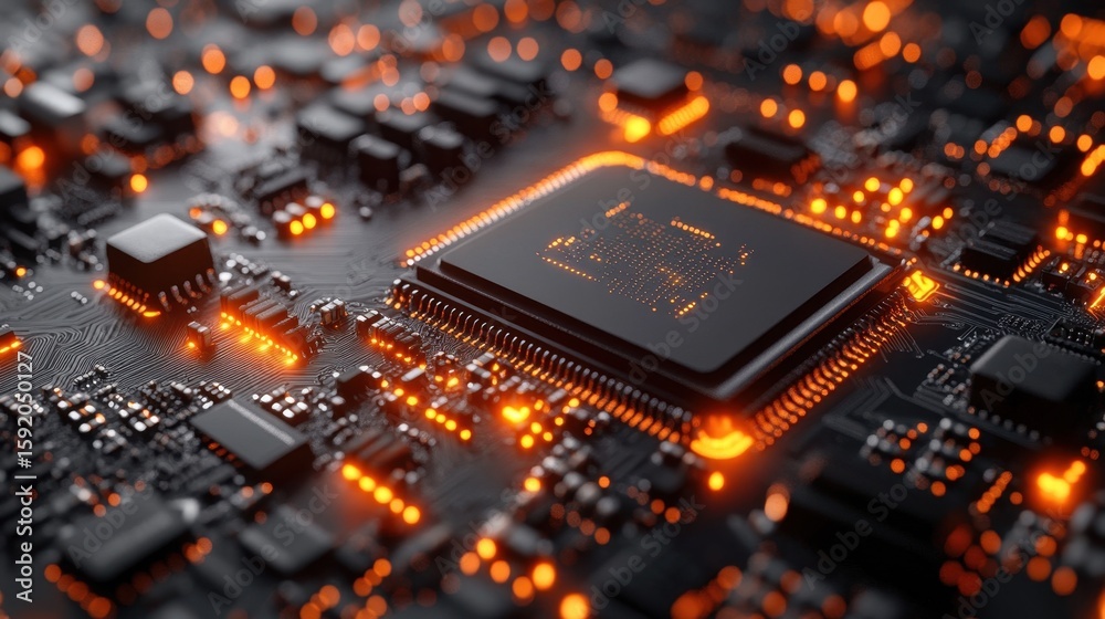 Poster close-up view of a circuit board showcasing an intricate design with glowing components and a centra