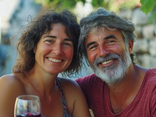 Smiling couple enjoying a relaxed moment together outdoors at what appears to be a vineyard or similar recreational venue, sharing drinks and smiles.