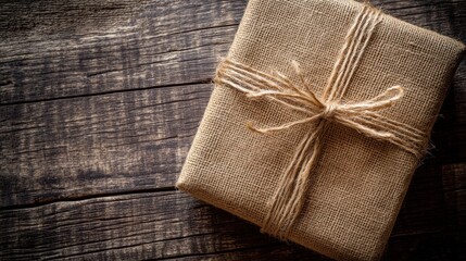A beautifully wrapped rustic gift box in burlap with twine sits atop a weathered wooden surface, perfect for celebrations and special occasions.