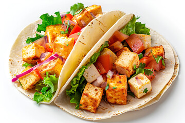 Delicious vegetarian tacos filled with grilled tofu, fresh vegetables, and vibrant greens, served on tortillas, showcasing a colorful and appetizing meal presentation