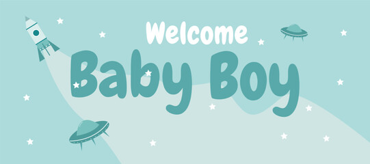 Vector banner for baby boy newborn with little rocket and stars in blue color