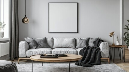 A modern living room interior design featuring a cozy sofa and a wooden coffee table.