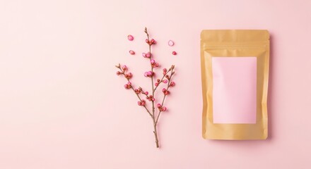 Minimalist product mockup featuring a kraft pouch and delicate cherry blossom branch on pink background