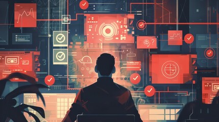 A person looking at multiple screens with red diagrams and checkmarks on a dark background