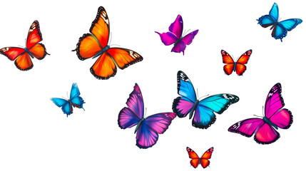 A beautiful flock of butterflies flying isolated on a transparent background