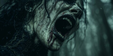 A dark character, witch banshee screams in a dark, eerie setting. The haunting atmosphere enhances the sense of horror and dread.