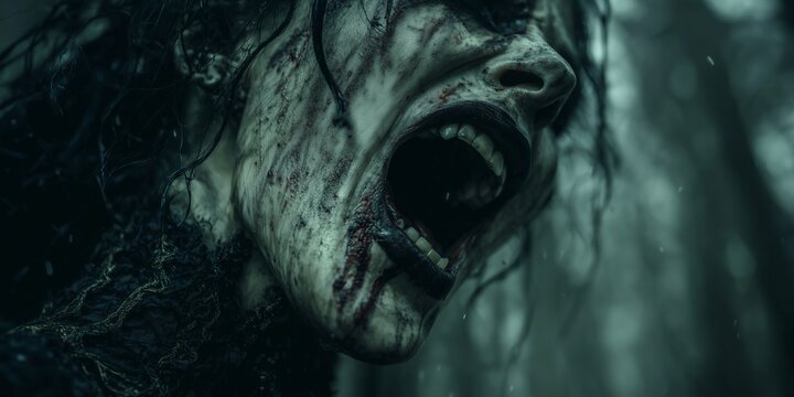 A dark character, witch banshee screams in a dark, eerie setting. The haunting atmosphere enhances the sense of horror and dread.